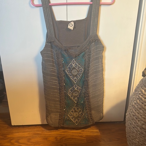 Anthropologie Tops - Anthropologie Gray and Blue Ruched Embellished Tank Top